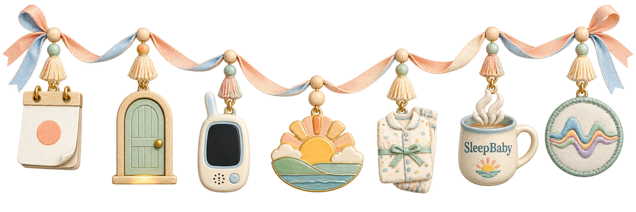 A transparent SleepBaby charm ribbon with a one-nap calendar, calm nursery door, monitor receiver, morning sun, folded pajamas, caregiver mug, and settled sound wave.