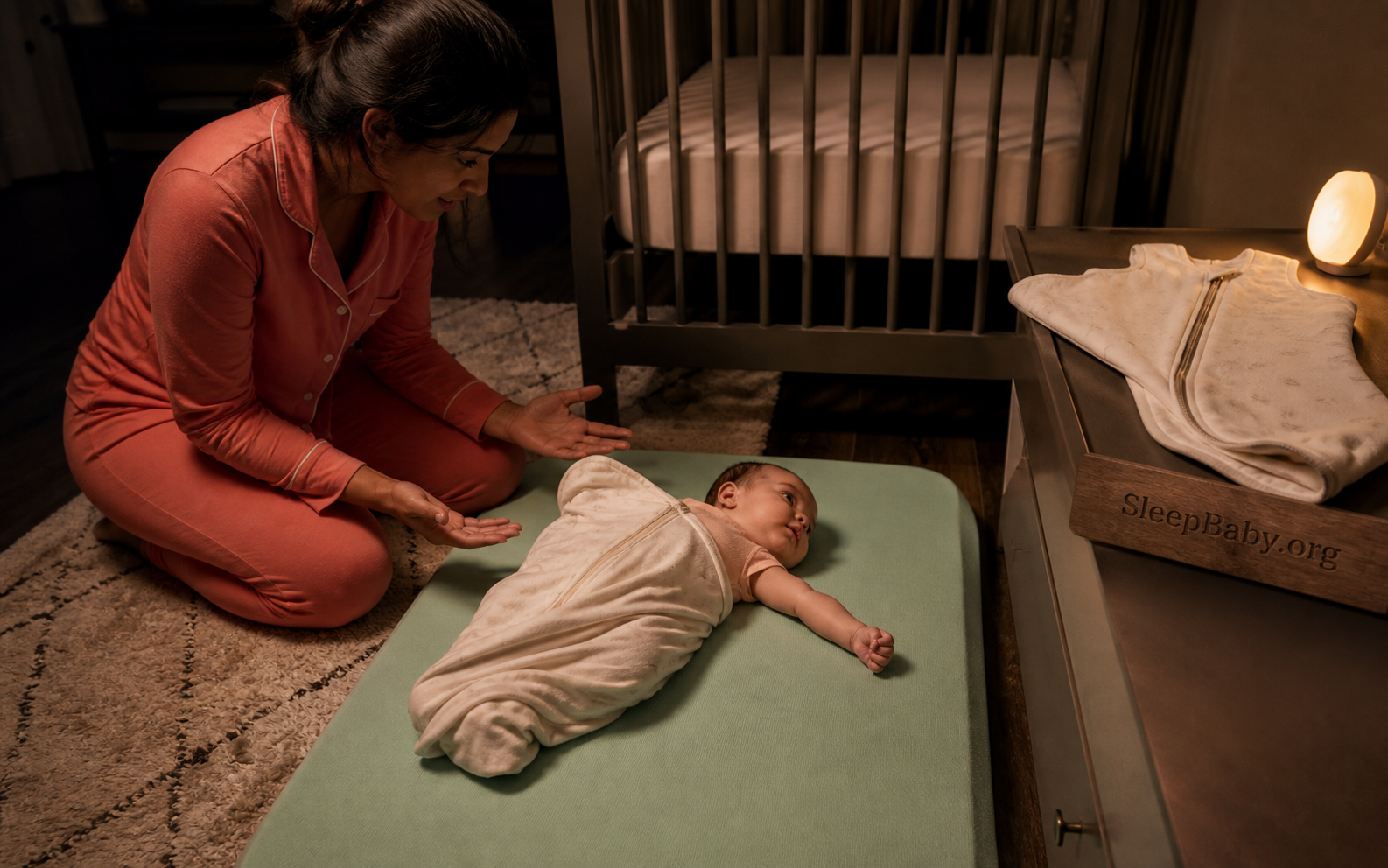 A caregiver kneels with open hands beside an awake baby whose fist has emerged from an opened swaddle, with a bare crib and arms-free garment ready nearby.