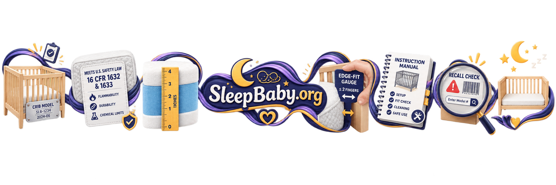 Teaching rail with crib model plate, mattress label, ruler, fit gauge, manual, and recall check