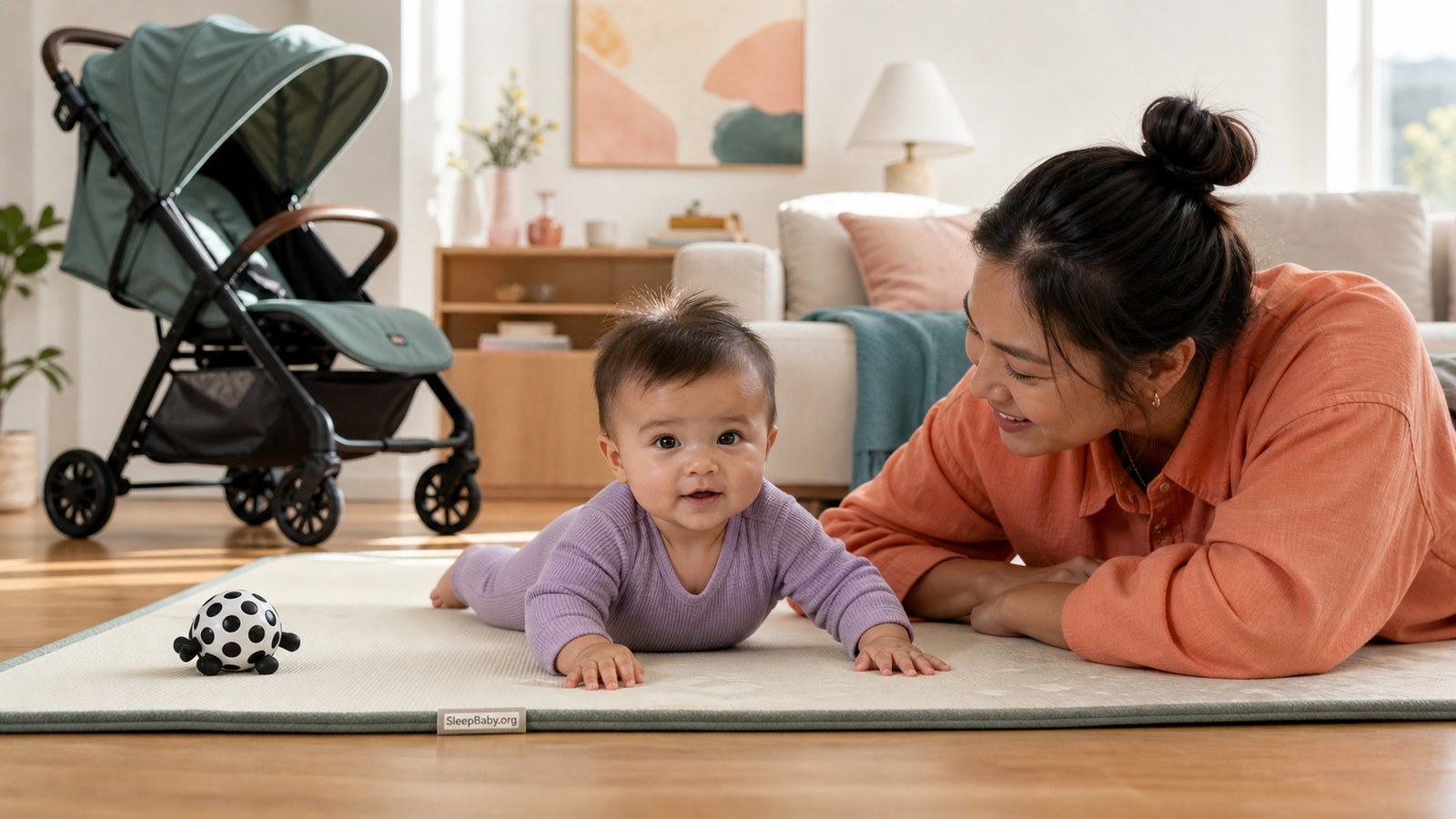 Awake baby does supervised tummy time on a clear floor mat while a caregiver lies at eye level and an empty stroller is parked behind them.
