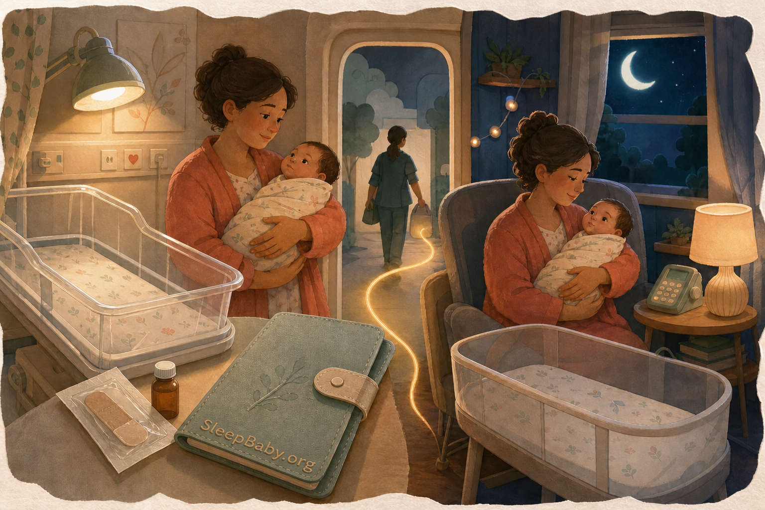 Caregiver carries an awake newborn from a lit hospital bassinet toward moonlit home care beside an amber vial and bandage.