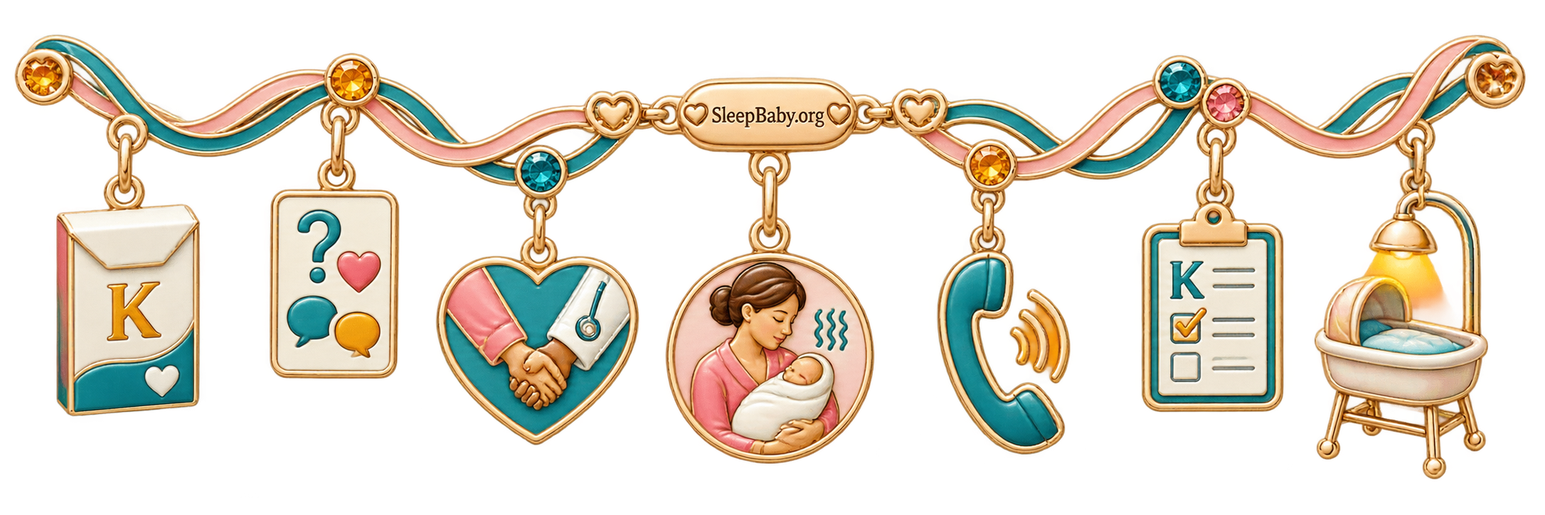 Rose-gold ribbon with product folder, question card, shared hands, soothing caregiver, clinician phone, checklist, and bassinet lamp charms.