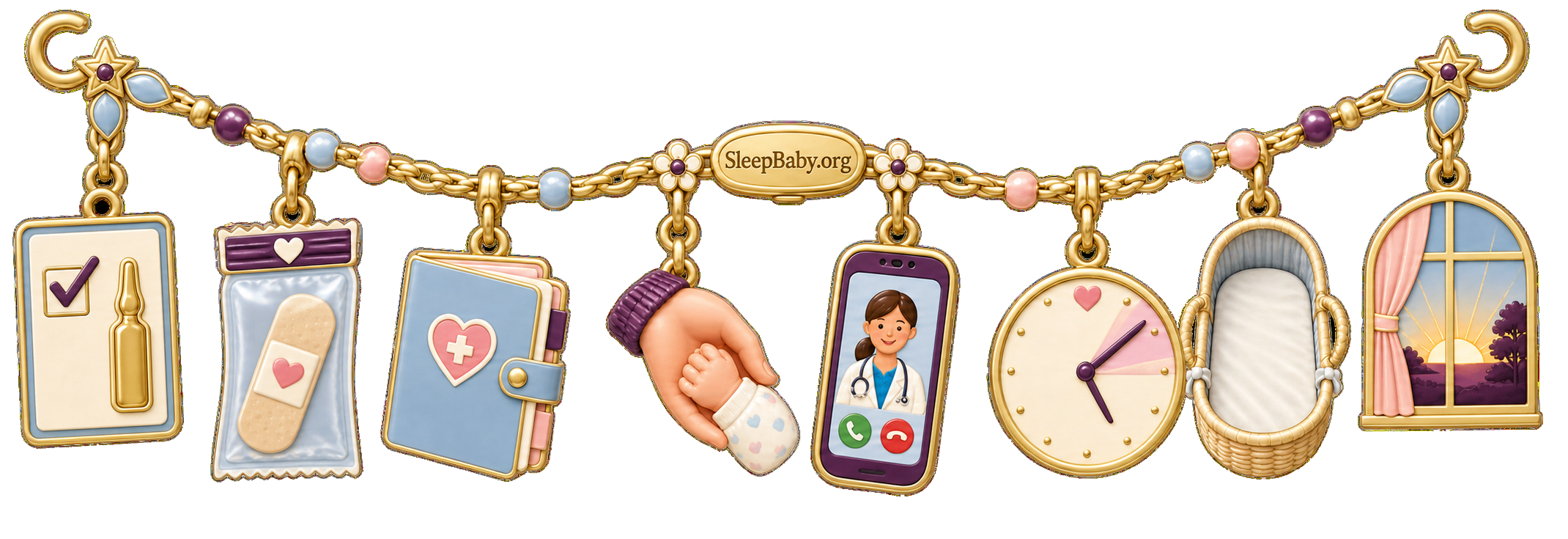 Pale-gold ribbon with K record, bandage, discharge folder, caregiver hand, pediatrician phone, clock, empty bassinet, and dawn window charms.