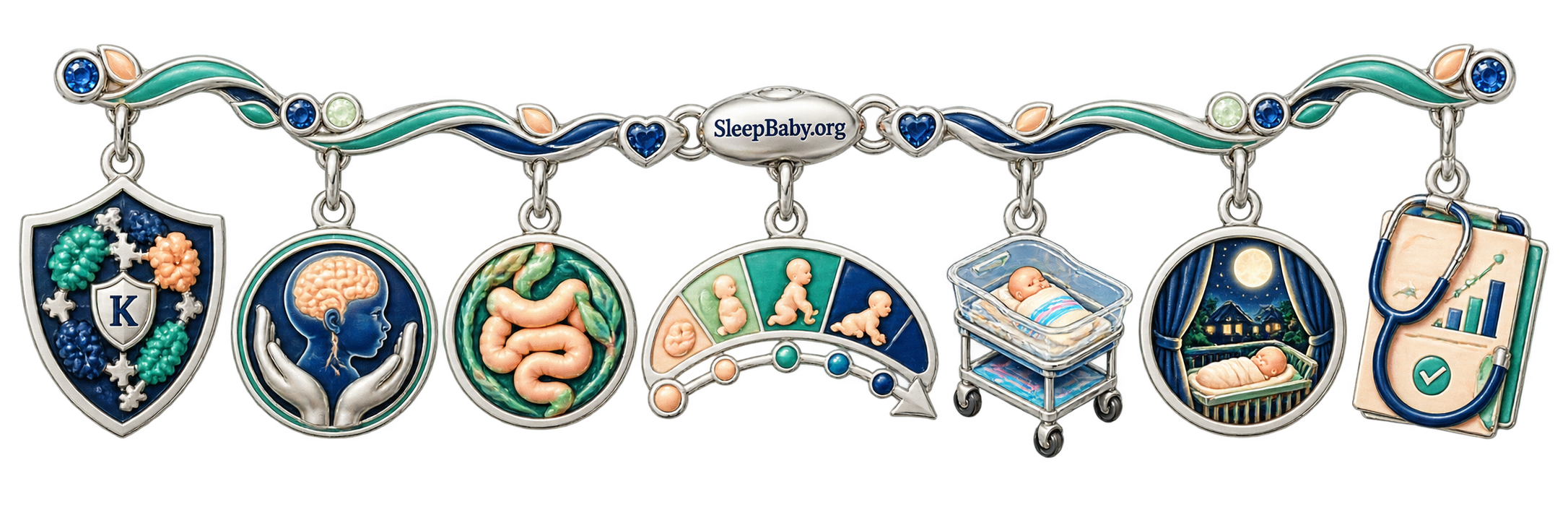 Silver ribbon with a clotting shield, protected brain, intestine, month arc, bassinets, moonlit home, and evidence folio charms.