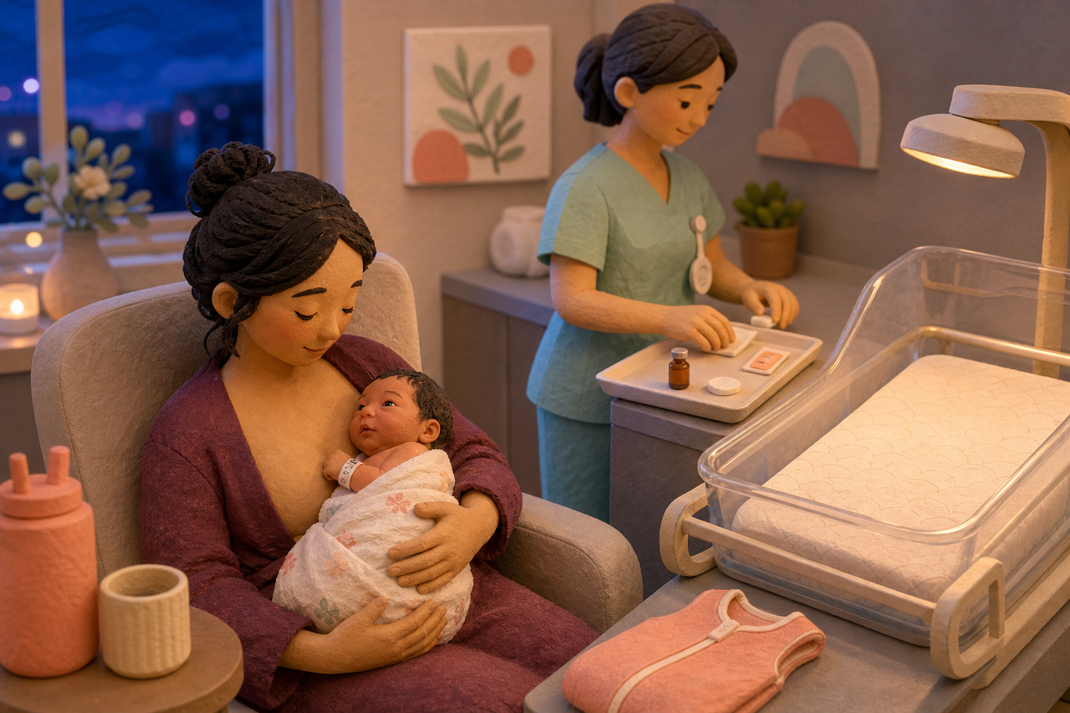 Caregiver holds an awake swaddled newborn while a clinician prepares a closed vitamin K tray beside an empty lit bassinet.