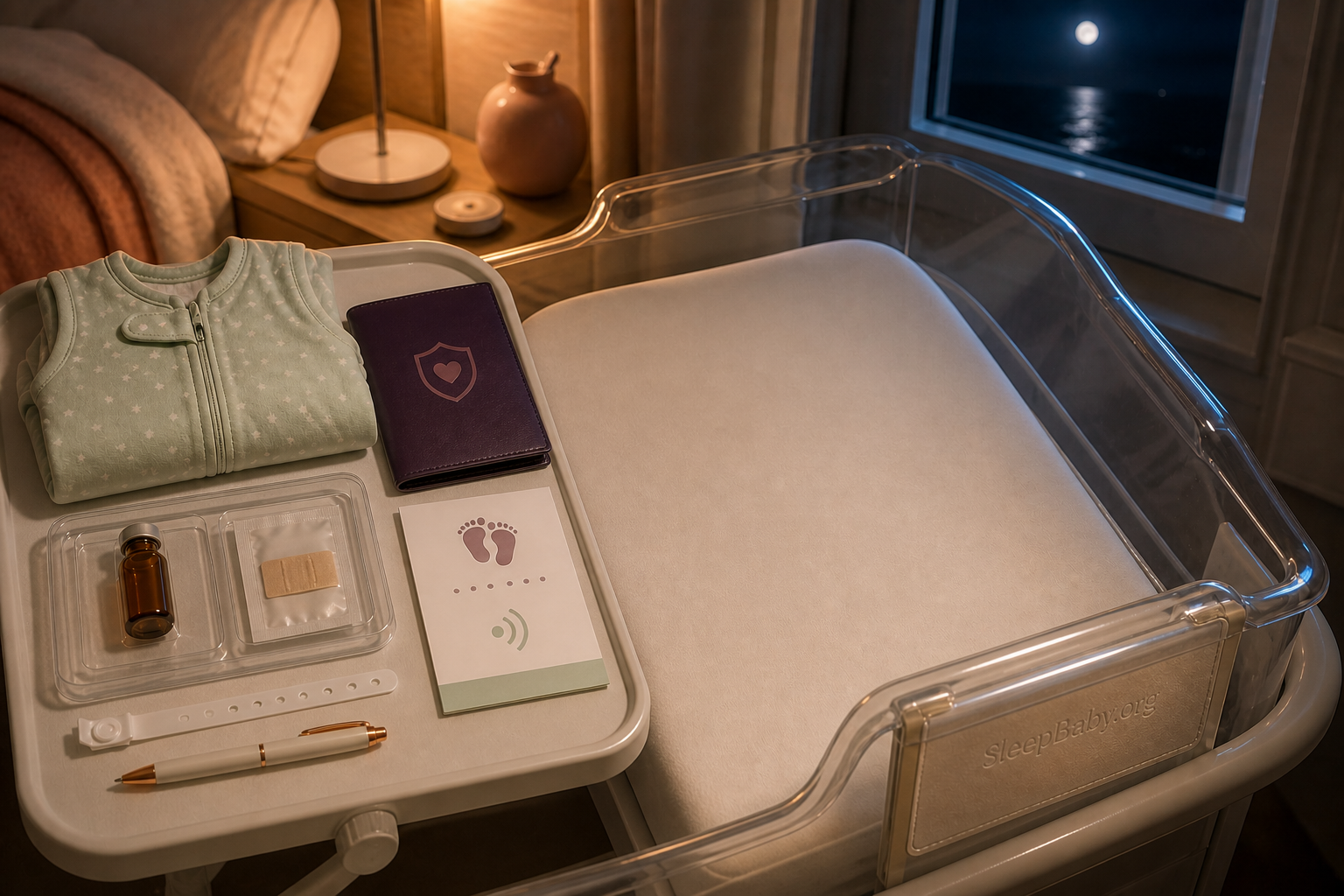Amber vitamin K vial and bandage, shield-marked vaccine record, and heel-print screening card sit on a bedside tray beside an empty bassinet.