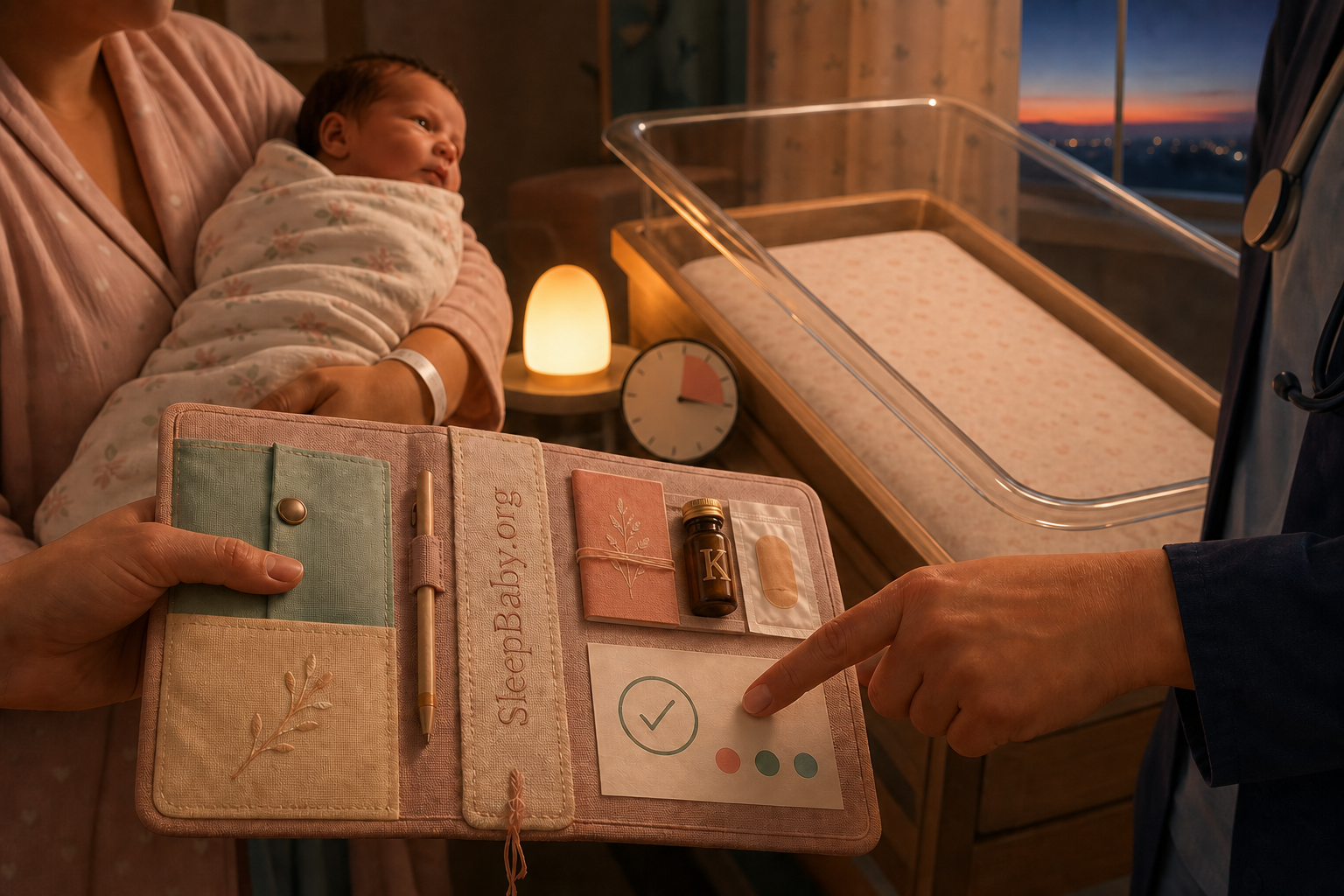 Caregiver with awake newborn and clinician review a folio with an amber K vial, bandage, check mark, and empty bassinet at dawn.