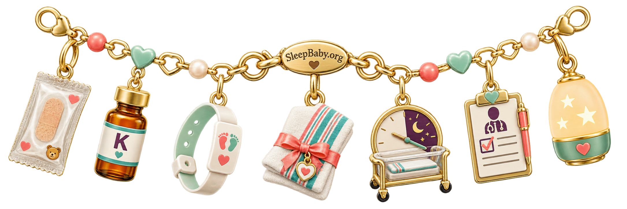 Gold ribbon with bandage, K vial, ID band, first-feed cloth, bassinet clock, clinician clipboard, and nightlight charms.