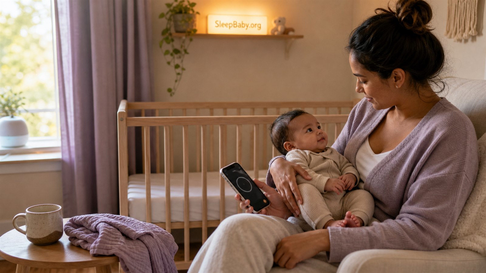Parent turns from a phone timer toward an alert baby in a warm nursery with an empty crib and a SleepBaby.org light box.