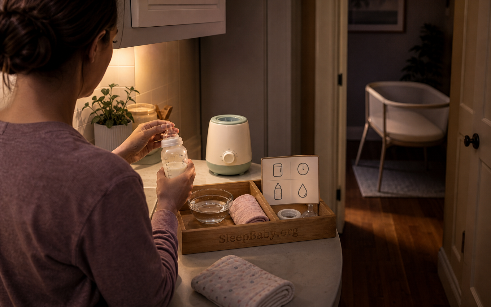 Caregiver prepares a bottle beside icon instructions and a warmer while a bare bassinet waits down the hall