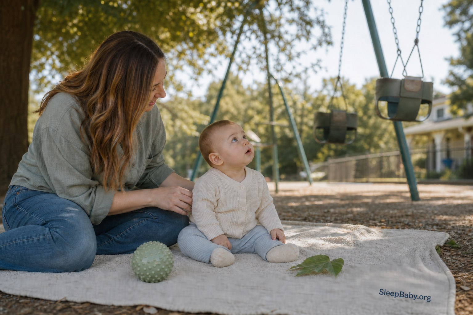 Caregiver sits within reach of an alert baby on a clean blanket in the shade while the baby watches empty bucket swings.