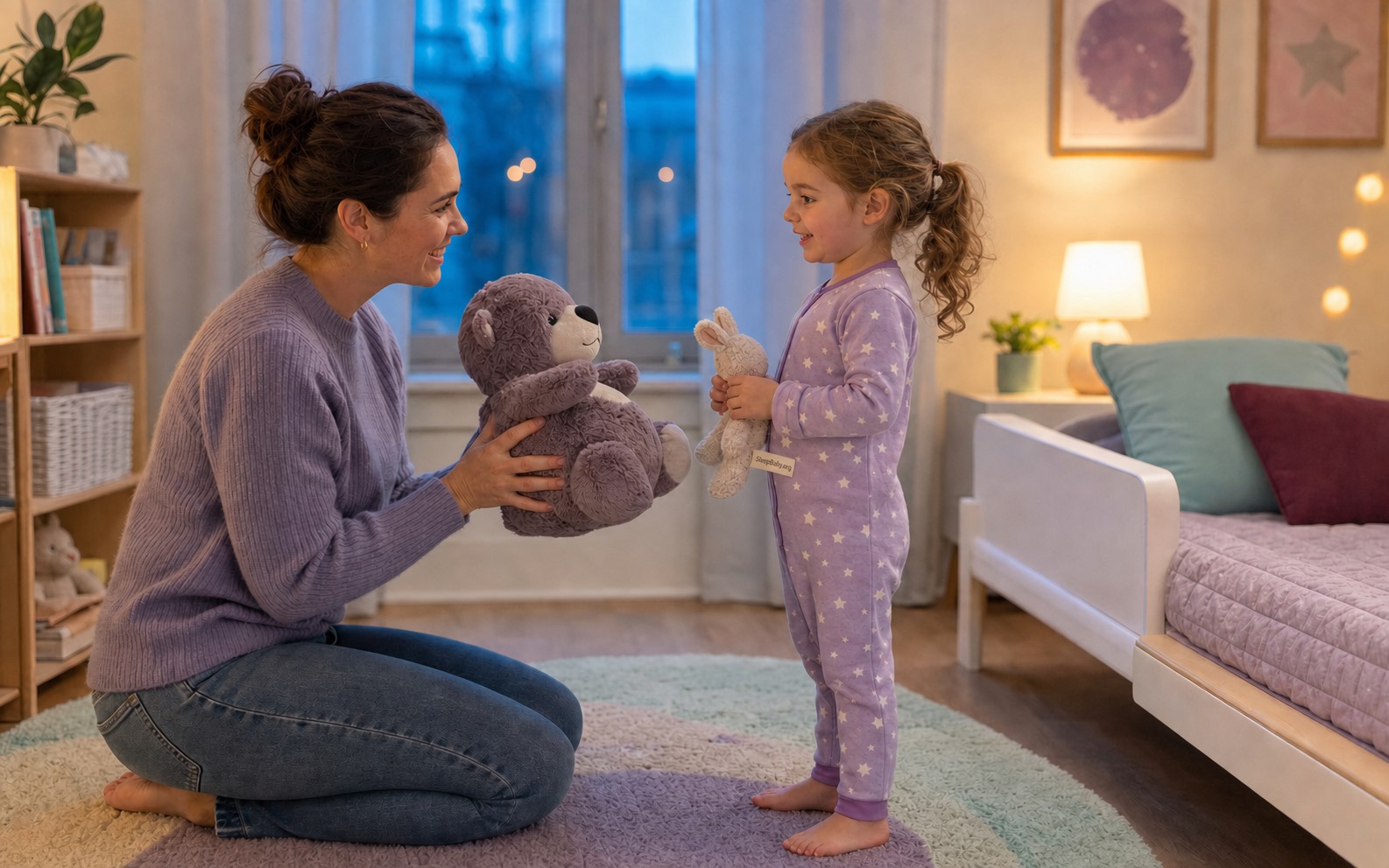 An awake three-year-old holds a small lightweight bunny while a caregiver supports a larger weighted plush with both hands beside a clear toddler bed.
