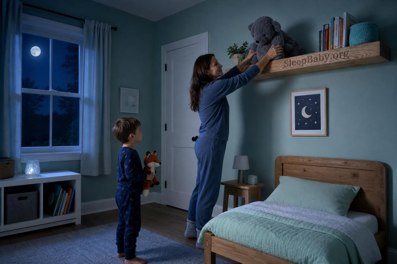An awake caregiver places a large weighted plush on a high shelf while an awake preschooler holds a small lightweight fox beside a bed free of weighted objects.