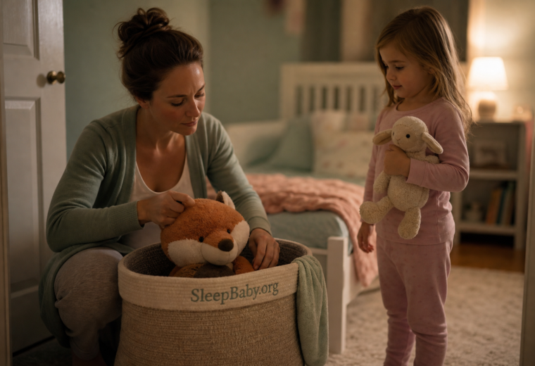 An awake caregiver stores a large weighted fox in a woven basket while an awake preschooler holds a lightweight lamb beside a bed free of weighted objects.