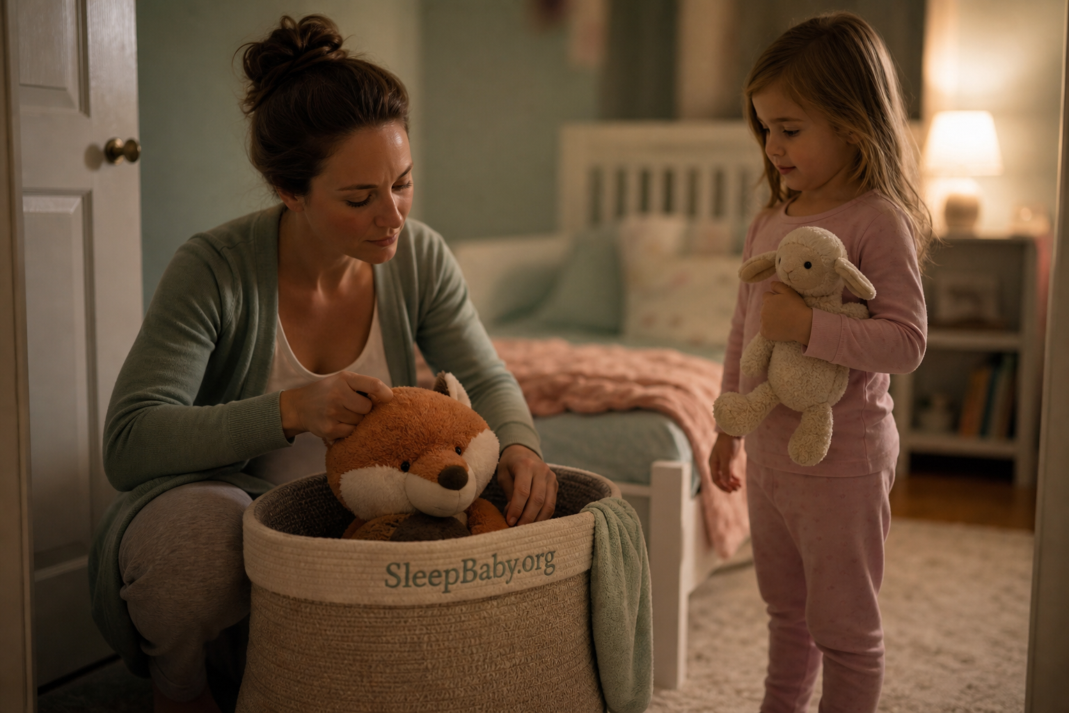 An awake caregiver stores a large weighted fox in a woven basket while an awake preschooler holds a lightweight lamb beside a bed free of weighted objects.