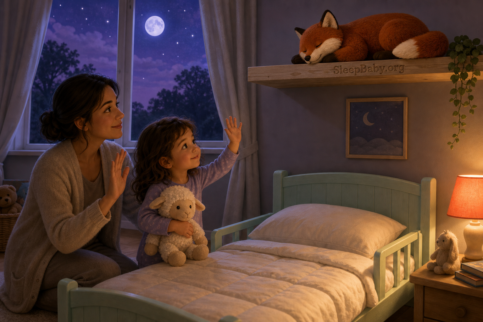 An awake caregiver and child wave goodnight to a weighted fox stored on a high shelf while the child carries a lightweight lamb beside a clear toddler bed.
