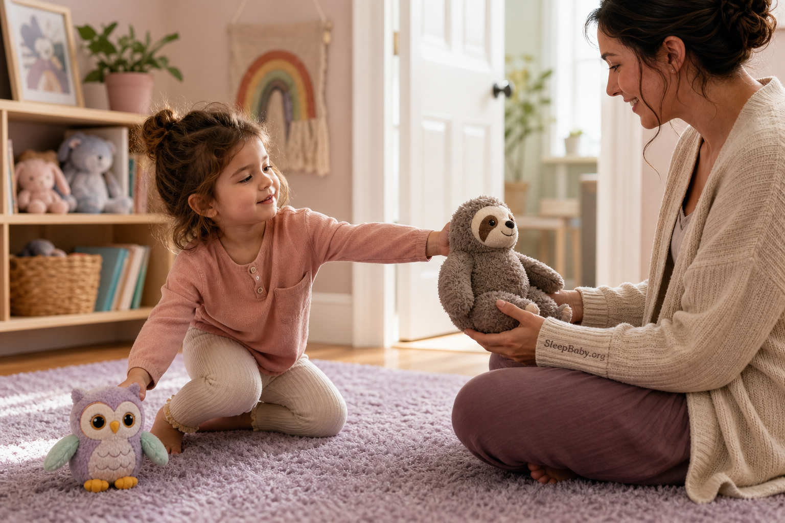 An awake preschooler returns a dense plush to a caregiver and reaches for a lightweight owl on a lavender playroom rug.