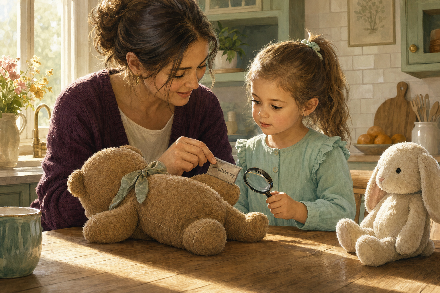 An awake caregiver and preschooler inspect the sewn care and age tag of a weighted teddy bear at a kitchen table while a lightweight bunny sits nearby.