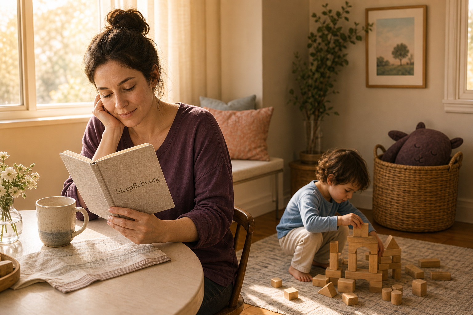 In morning light, an awake caregiver reviews a linen notebook while an awake preschooler builds with blocks and a weighted plush remains stored across the room.