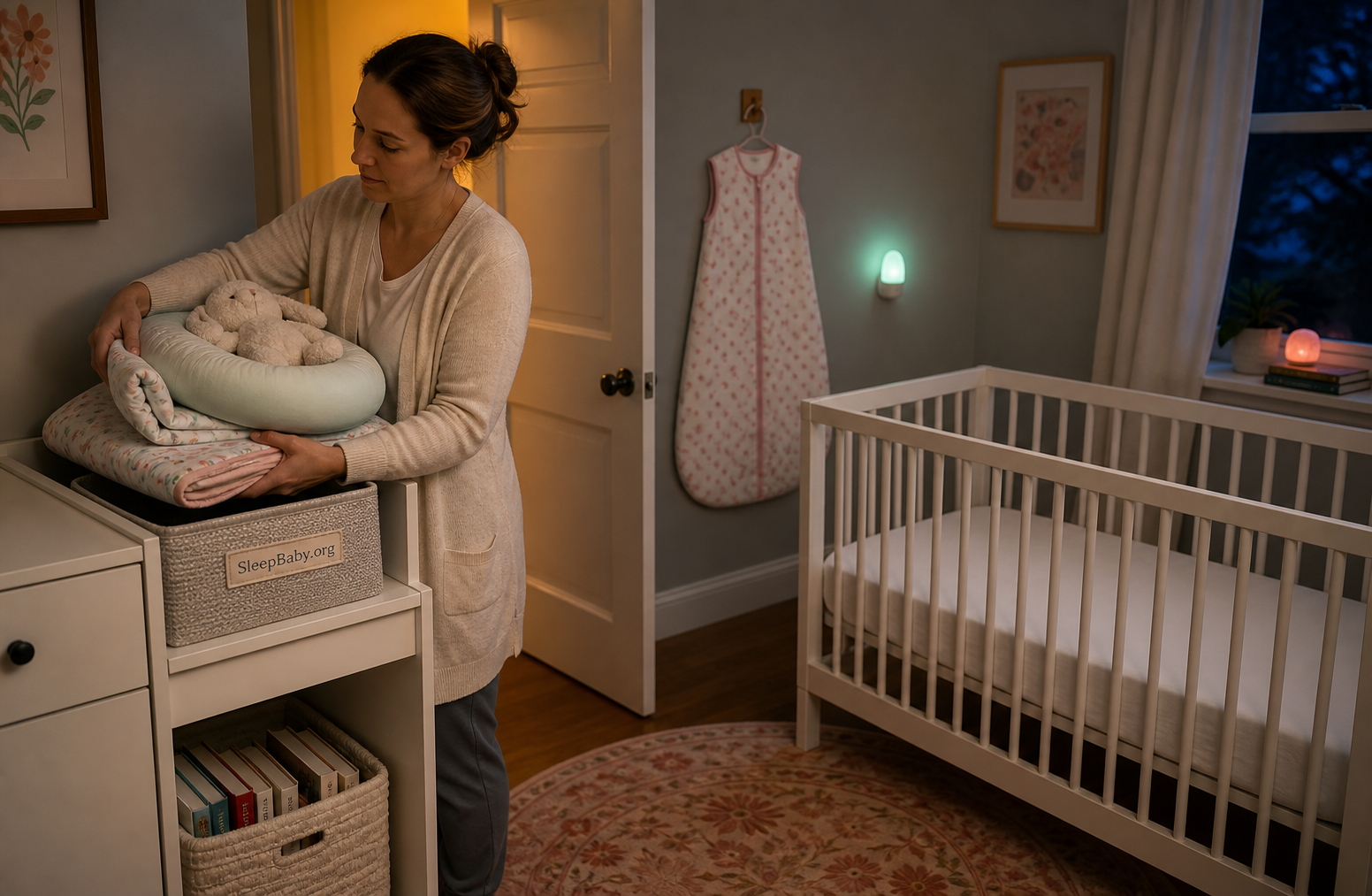 Caregiver placing soft nursery items into awake-time storage beside a clear crib prepared for sleep