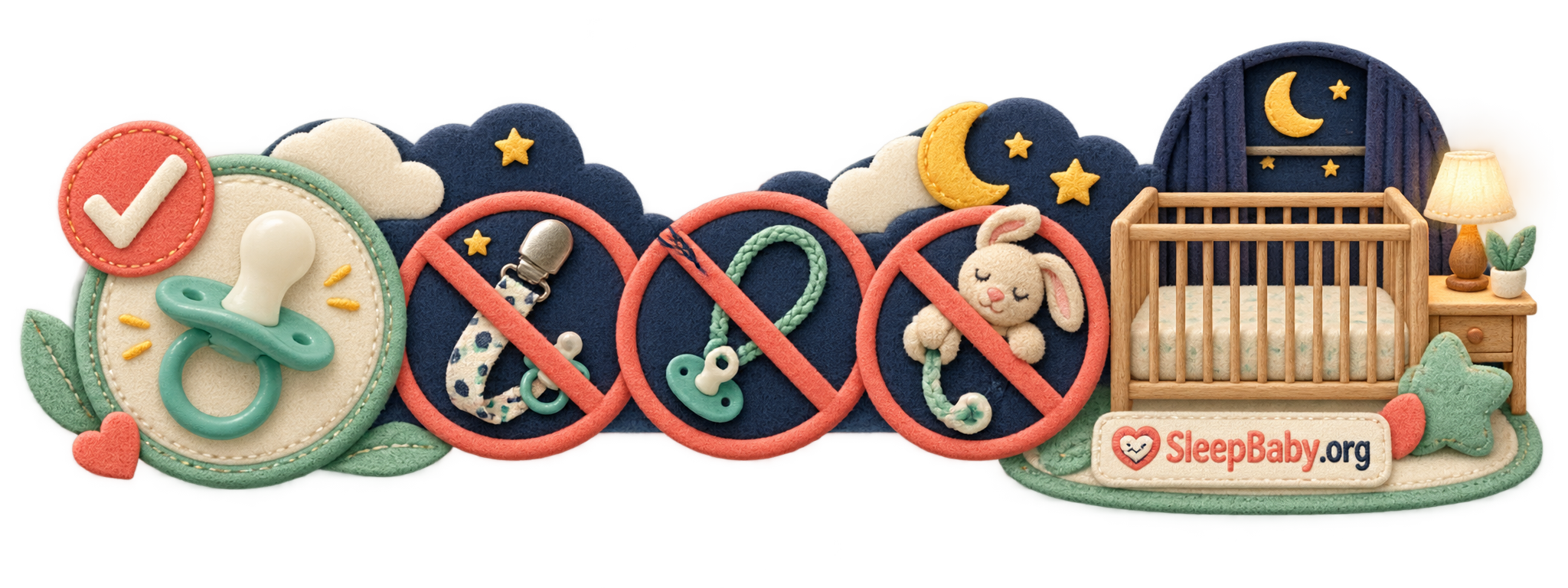 SleepBaby teaching rail approving a plain pacifier while crossing out clips, cords, and plush attachments beside an empty crib