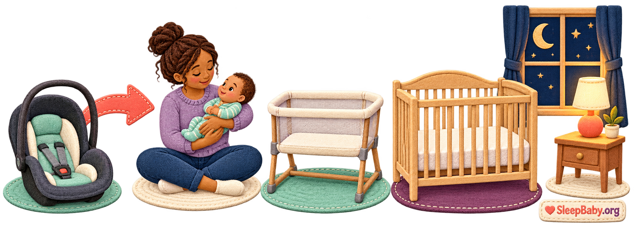 SleepBaby teaching rail showing an awake caregiver moving a baby from an empty car seat toward a clear bassinet or crib at night
