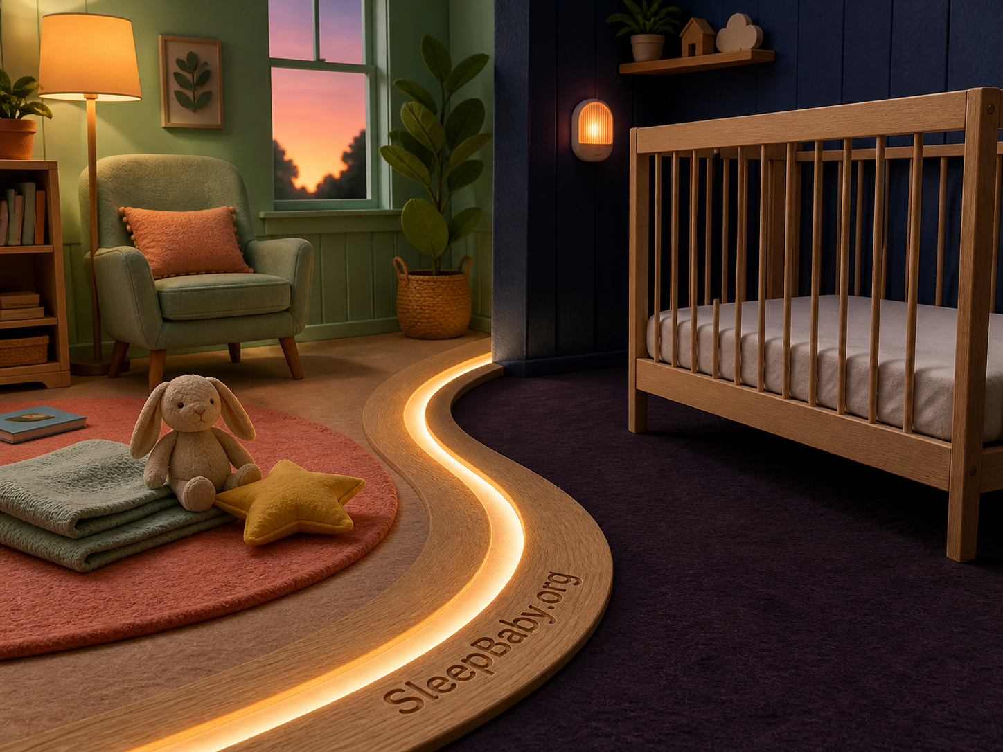 Layered SleepBaby night scene contrasting supervised awake-time comfort with an empty crib and a glowing sleep-space boundary
