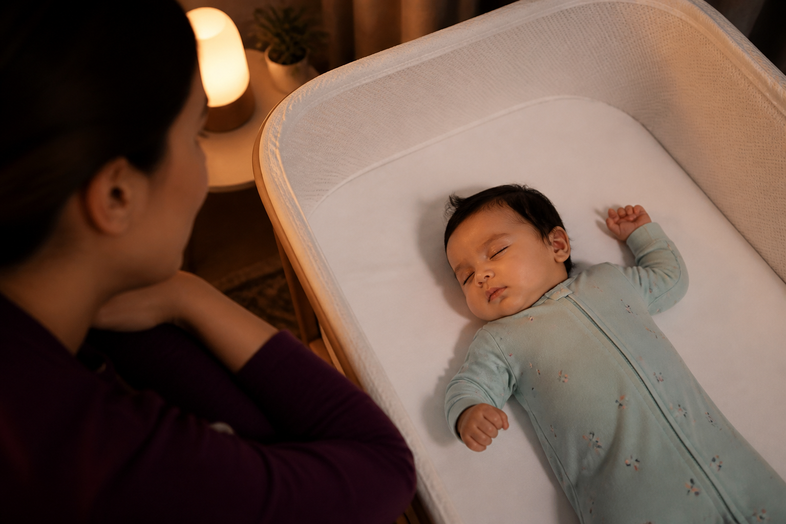 Parent watches a baby sleeping safely on their back in an empty bassinet under an amber nightlight.