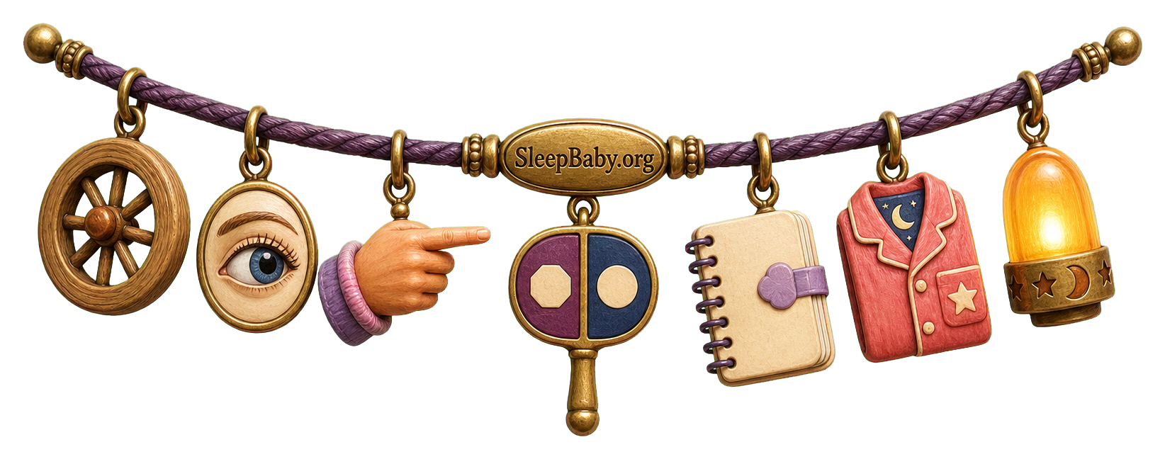 Charm strand showing a toy wheel, observing eye, caregiver hand, stop-and-go paddle, notebook, pajamas, and nightlight.