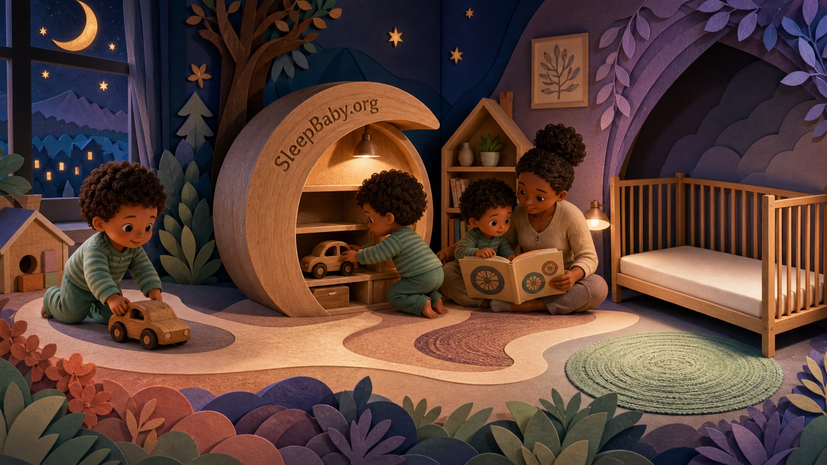 Toddler gives a toy car one last roll, parks it in a wooden garage, chooses a wheel book, and settles with a caregiver beside an empty crib.