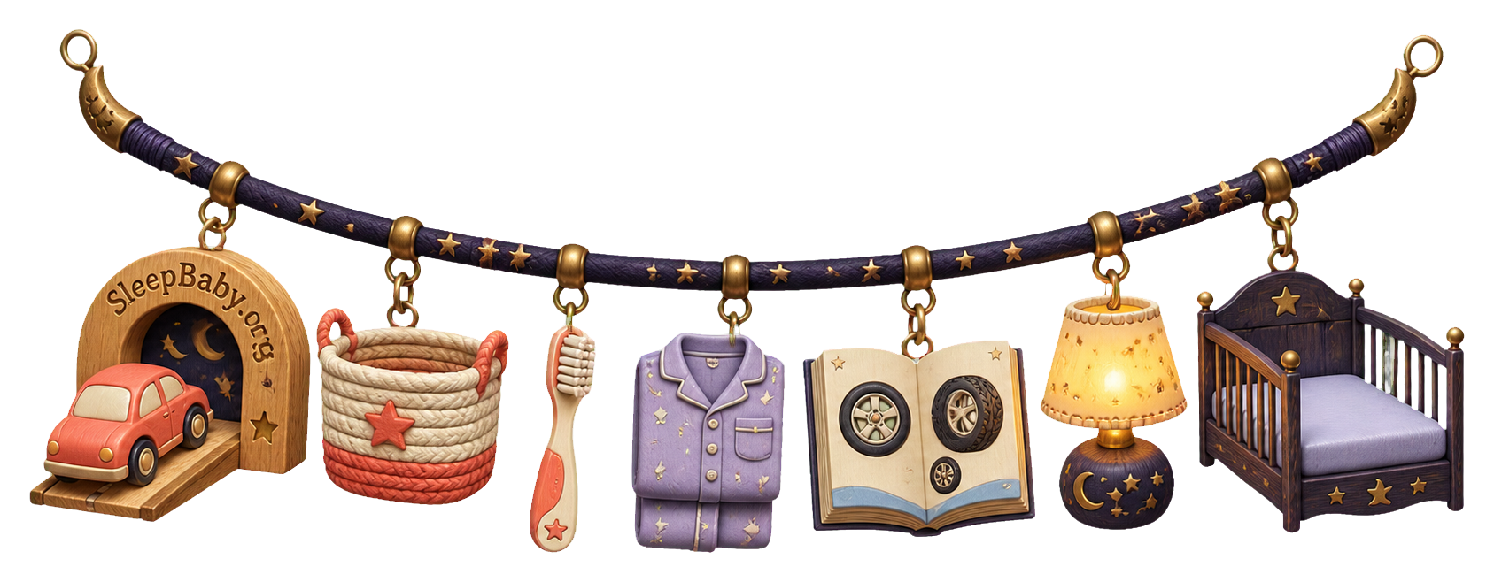 Charm strand showing a toy car parking, basket, toothbrush, pajamas, wheel book, bedside lamp, and empty safe crib.