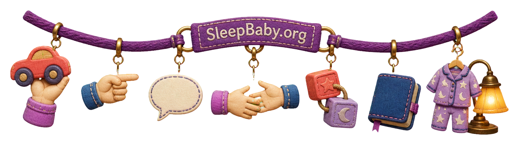 Charm strand showing a toy car shared with a caregiver, pointing, communication, turn-taking, blocks, notes, pajamas, and lamp.