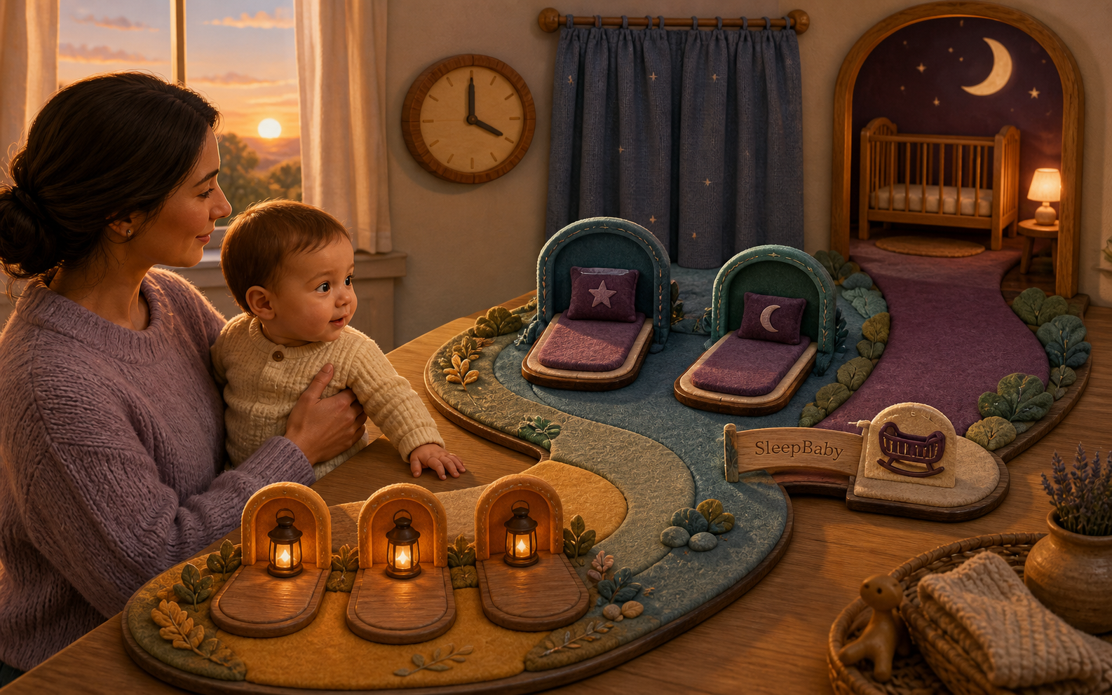 A caregiver and awake baby follow a day path where three small nap lanterns resolve into two sturdy nap docks, with a brief bridge and an earlier bedtime route still visible.