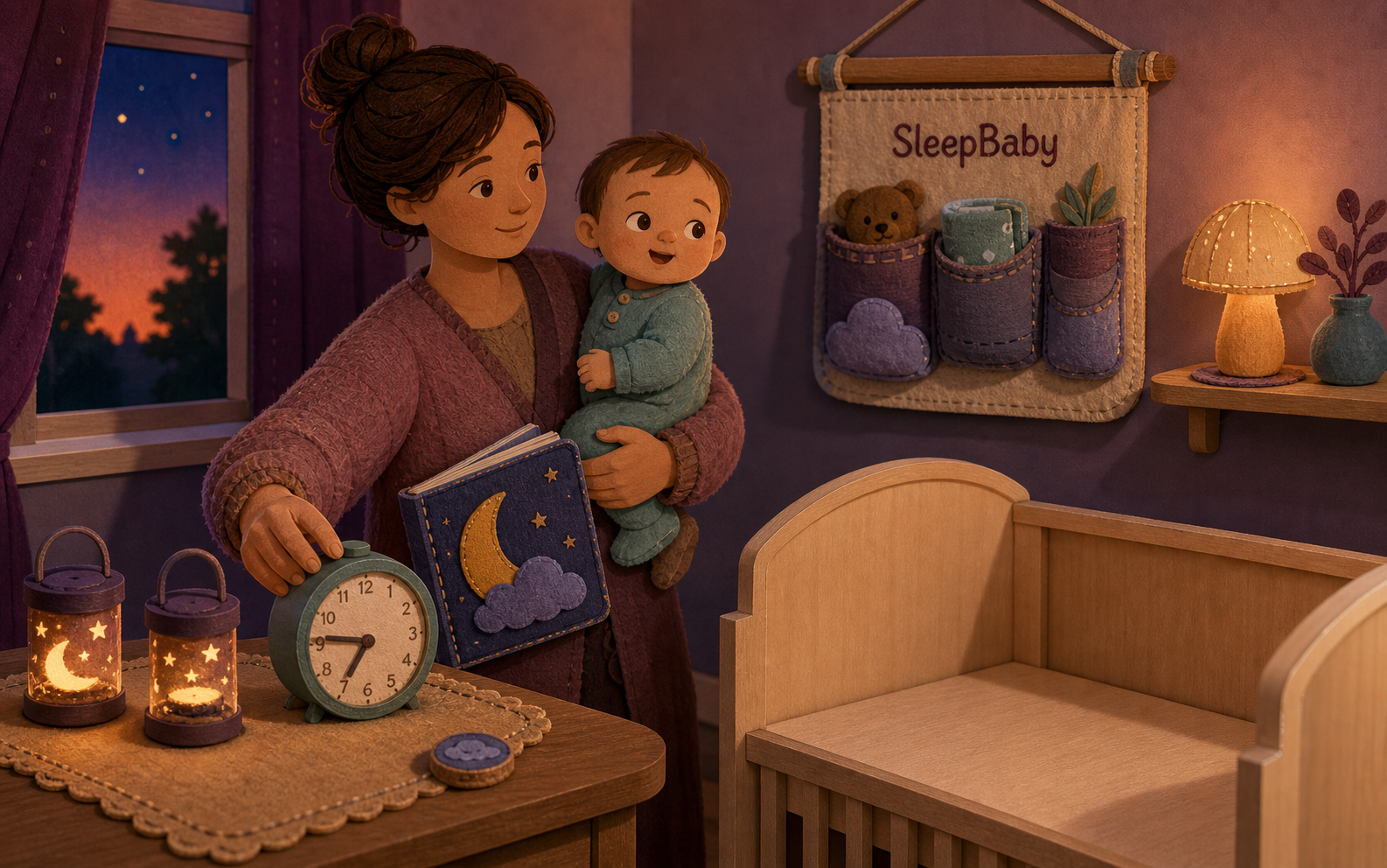 At dusk, a caregiver closes the curtains and carries a bedtime book toward a bare sleep space after two short naps while an awake baby rests against their shoulder.