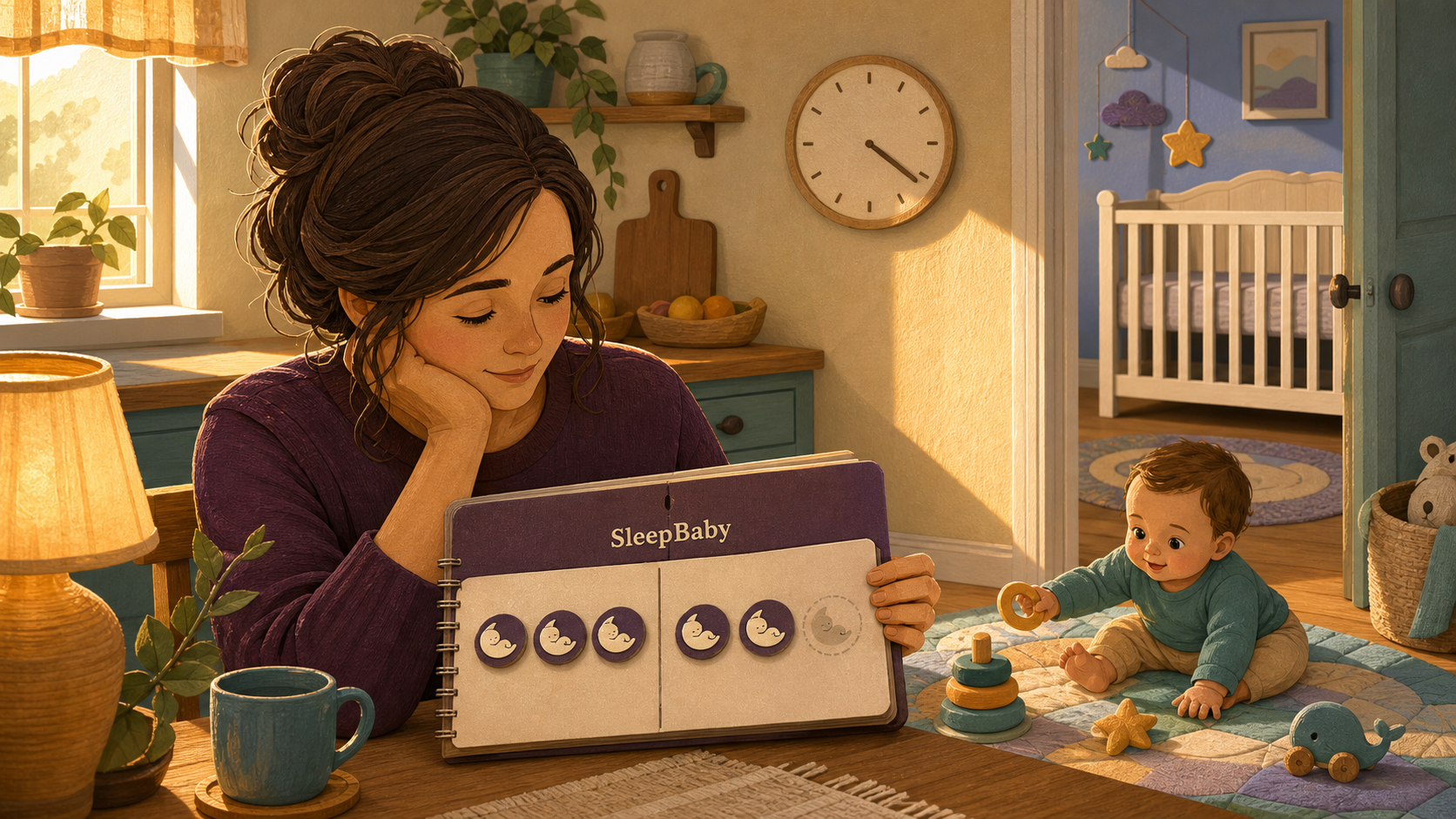 A caregiver studies three nap tokens beside two stronger nap tokens while an alert baby plays near a bare crib.