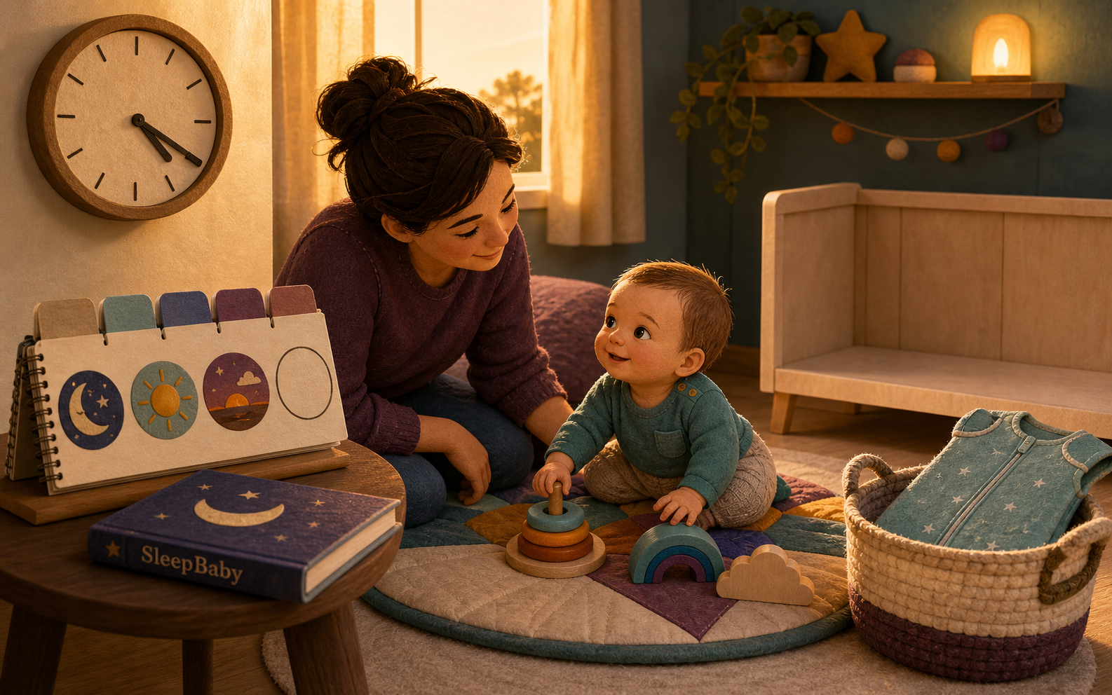 A caregiver watches an alert baby play beside a late-afternoon clock while a bare sleep space and an unused third-nap wind-down wait nearby.