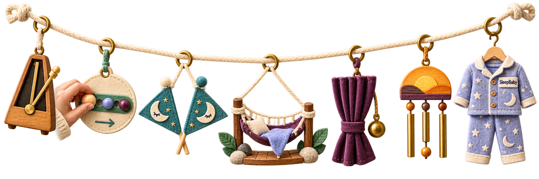 A transparent charm strand links a small timing metronome, a moved nap bead, two daytime pennants, a bridge token, a curtain pull, a sunset chime, and sleep pajamas.