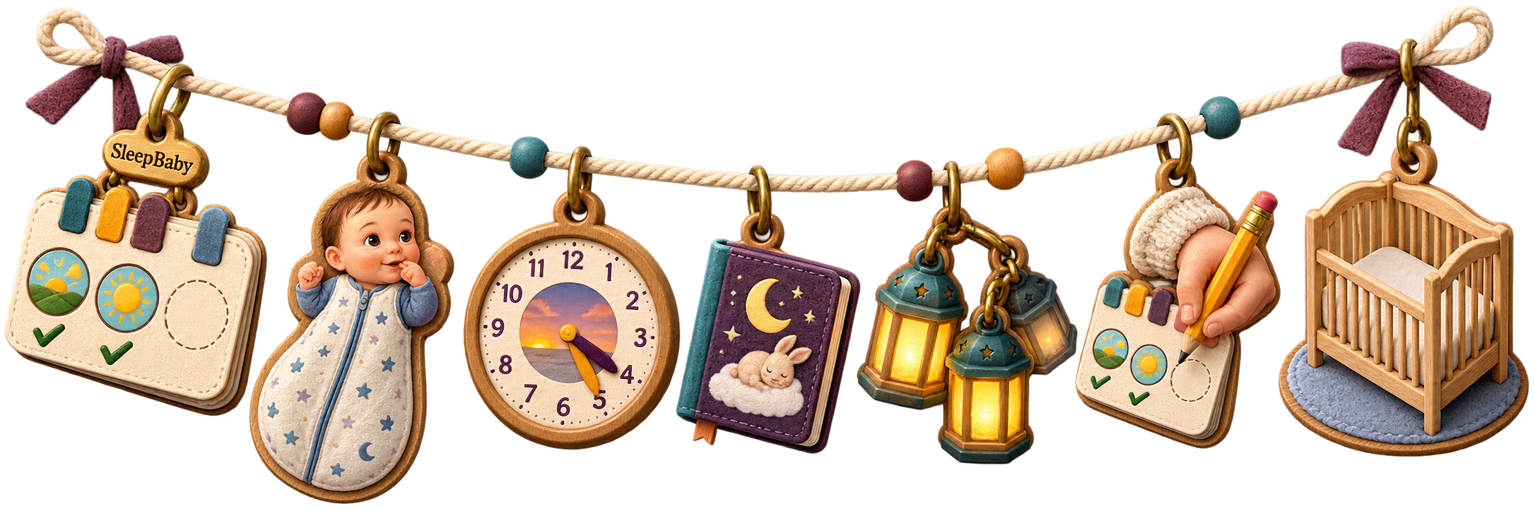 A transparent charm strand connects a five-day nap log, a bright awake baby, a late-afternoon clock, an unused wind-down book, and a bare crib.