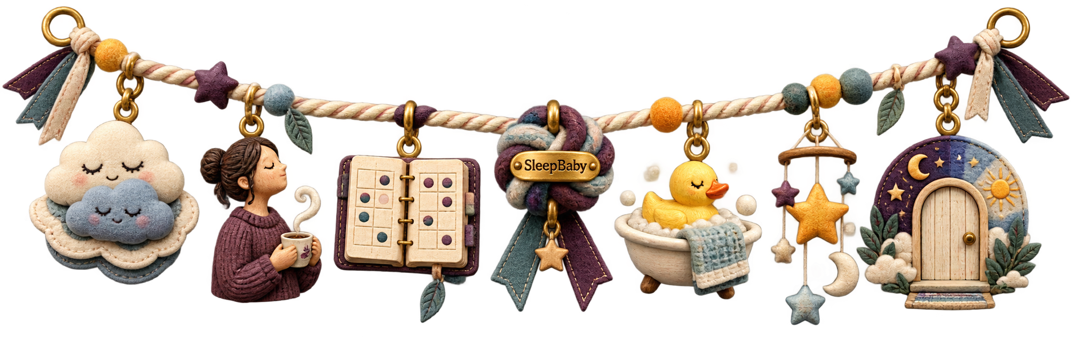 A transparent charm strand connects two resting cloud pads, a calm caregiver, a mixed-day calendar, a bridge knot, bath cues, a star mobile, and a nursery door from dusk to dawn.