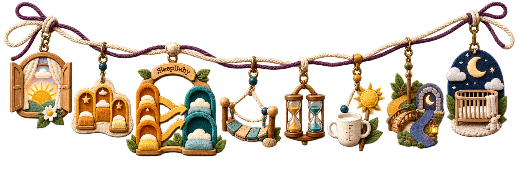 A transparent charm strand shows three small nap arches joining into two stronger arches between a sunrise marker and a bare nighttime crib.