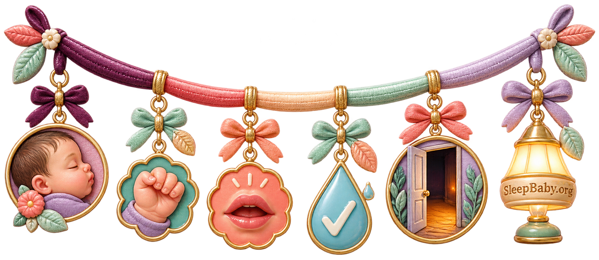 Editorial ribbon with a sleeping cheek, relaxed fist, feeding cue, wet-diaper check, quiet doorway, and glowing hallway lamp