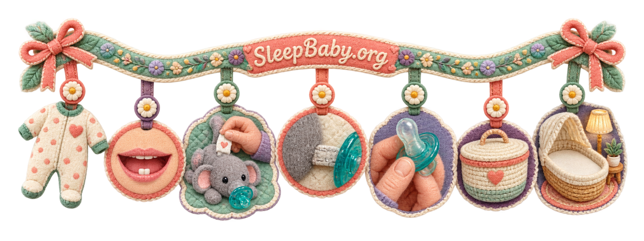 Transparent rail sequences young-infant size, teething, label and seam checks, storage, and an empty bassinet.