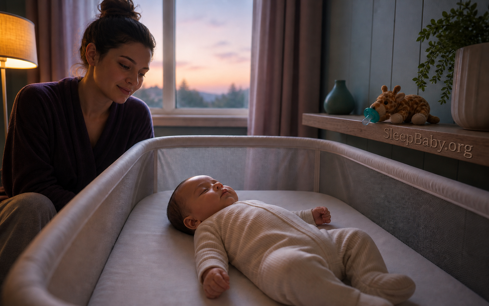 Baby rests supine in a clear bassinet while the attached-pacifier plush stays on an outside shelf.