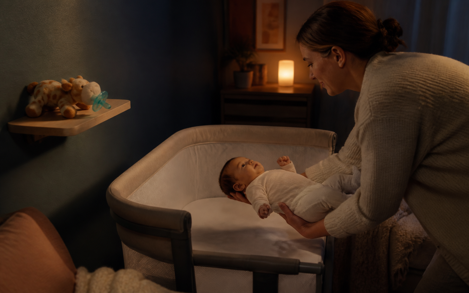 A caregiver lowers a baby onto their back in an empty bassinet while a plush-attached pacifier rests on an outside shelf.
