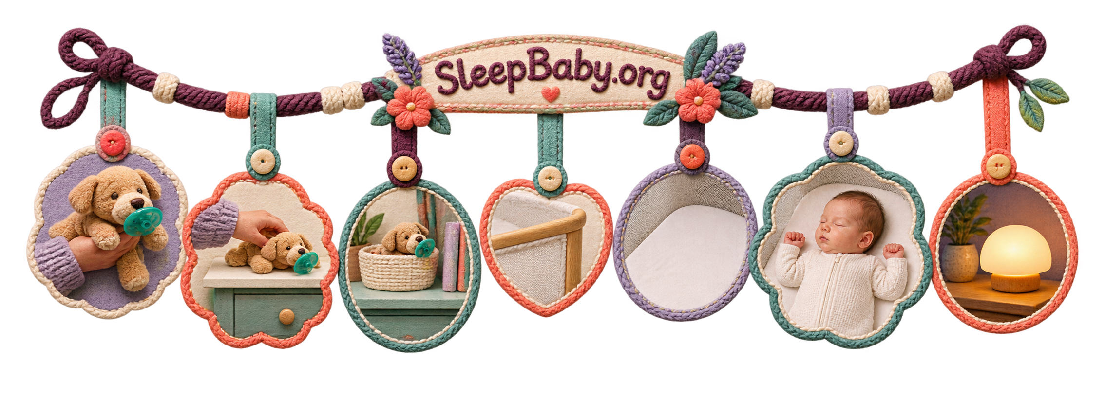 Transparent rail carries an attached-pacifier plush from a caregiver's hand to an outside shelf and clear bassinet.