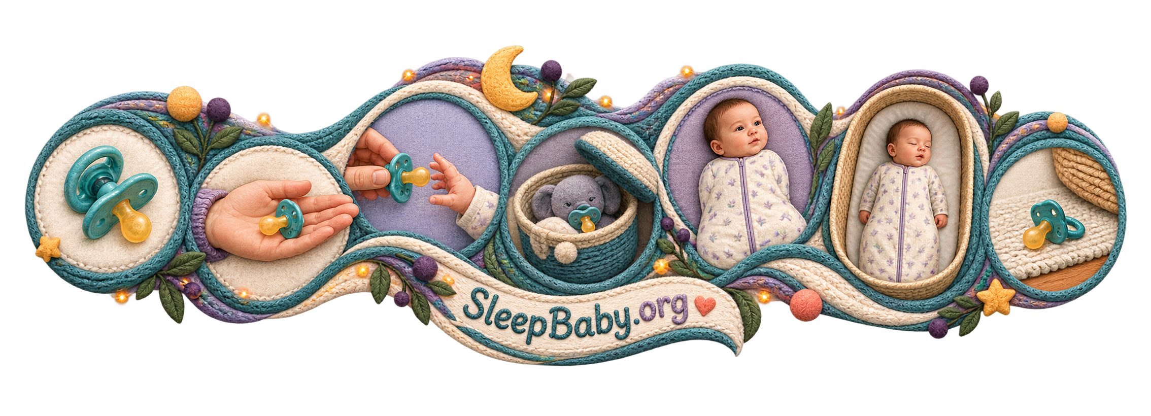 Transparent rail moves from a standalone pacifier and open hand to a stored plush unit and clear bassinet.