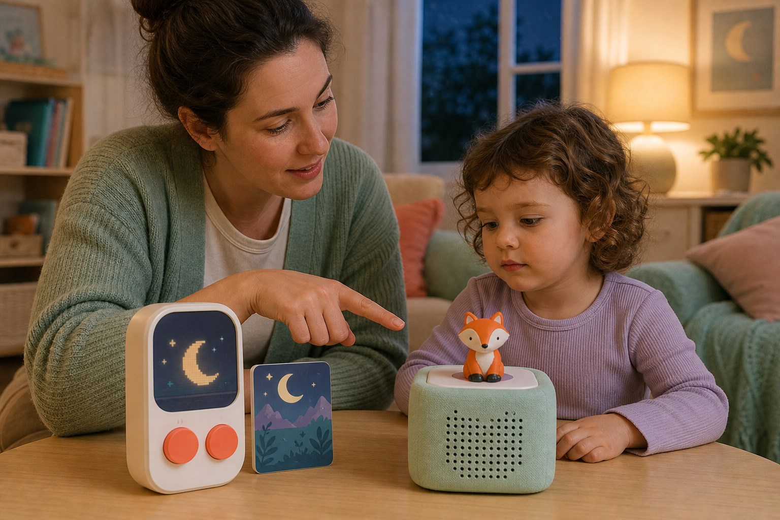 An awake toddler and caregiver compare a generic card-based audio player with a pixel moon and a soft cube audio player topped by a fox figure.