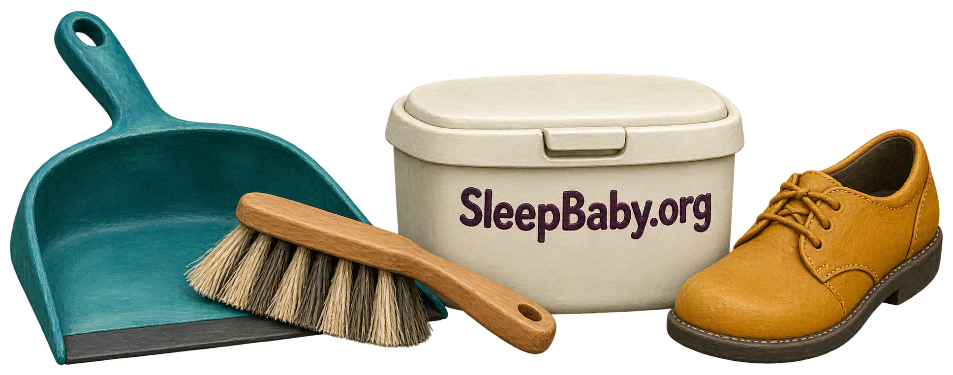 A teal dustpan, handbrush, closed rigid waste container and adult shoe rendered in clay and gouache on a transparent background.