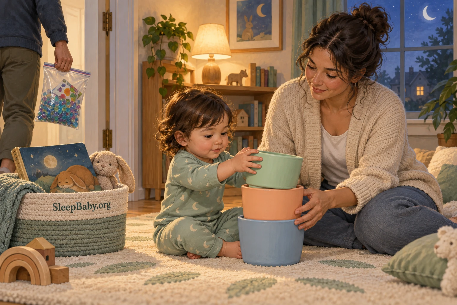 A caregiver and pajama-clad toddler nest large cups while another adult carries a sealed bag of water beads away.