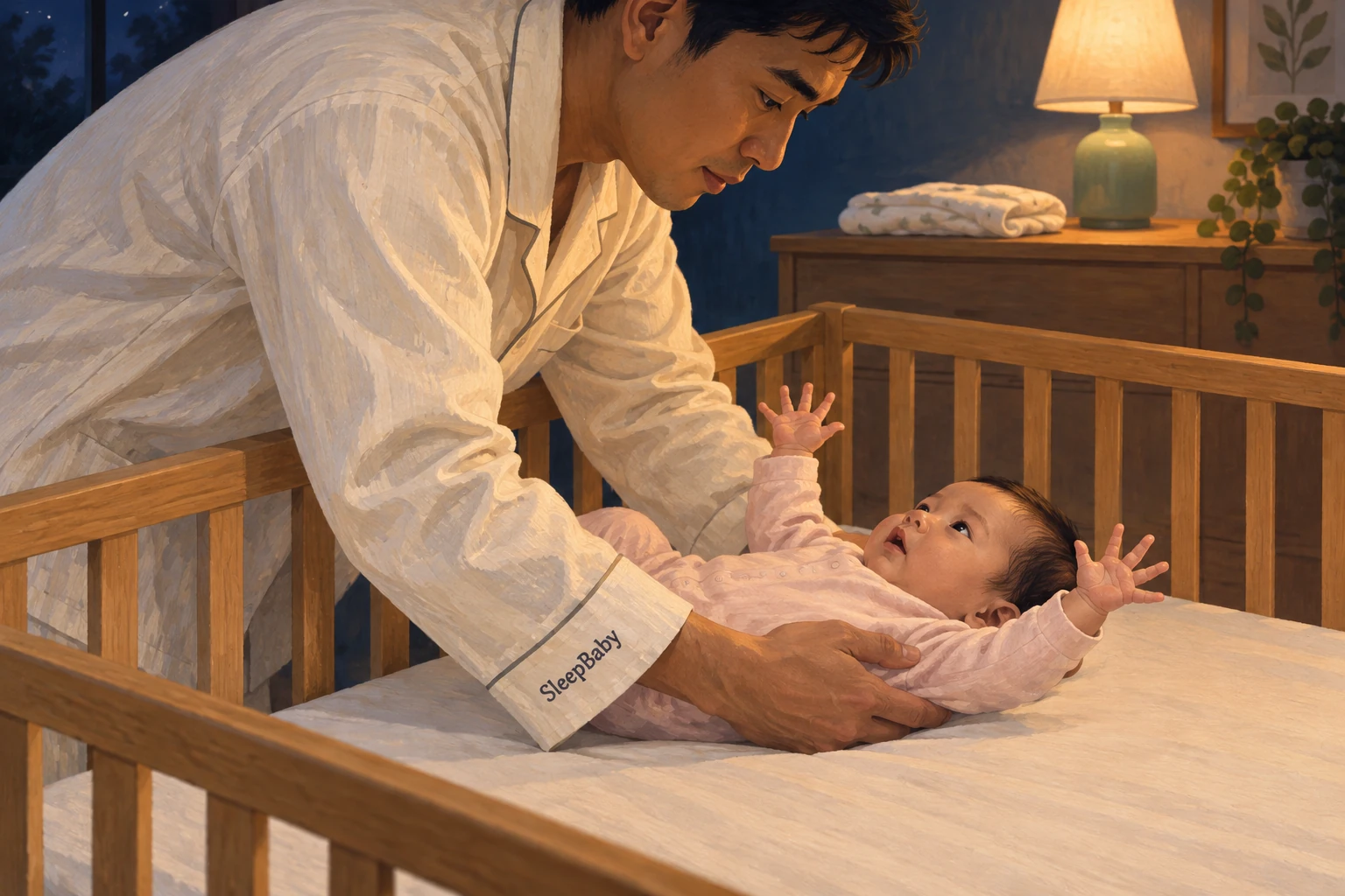 Illustration of a father lowering a baby in pink pajamas onto their back in a bare crib.